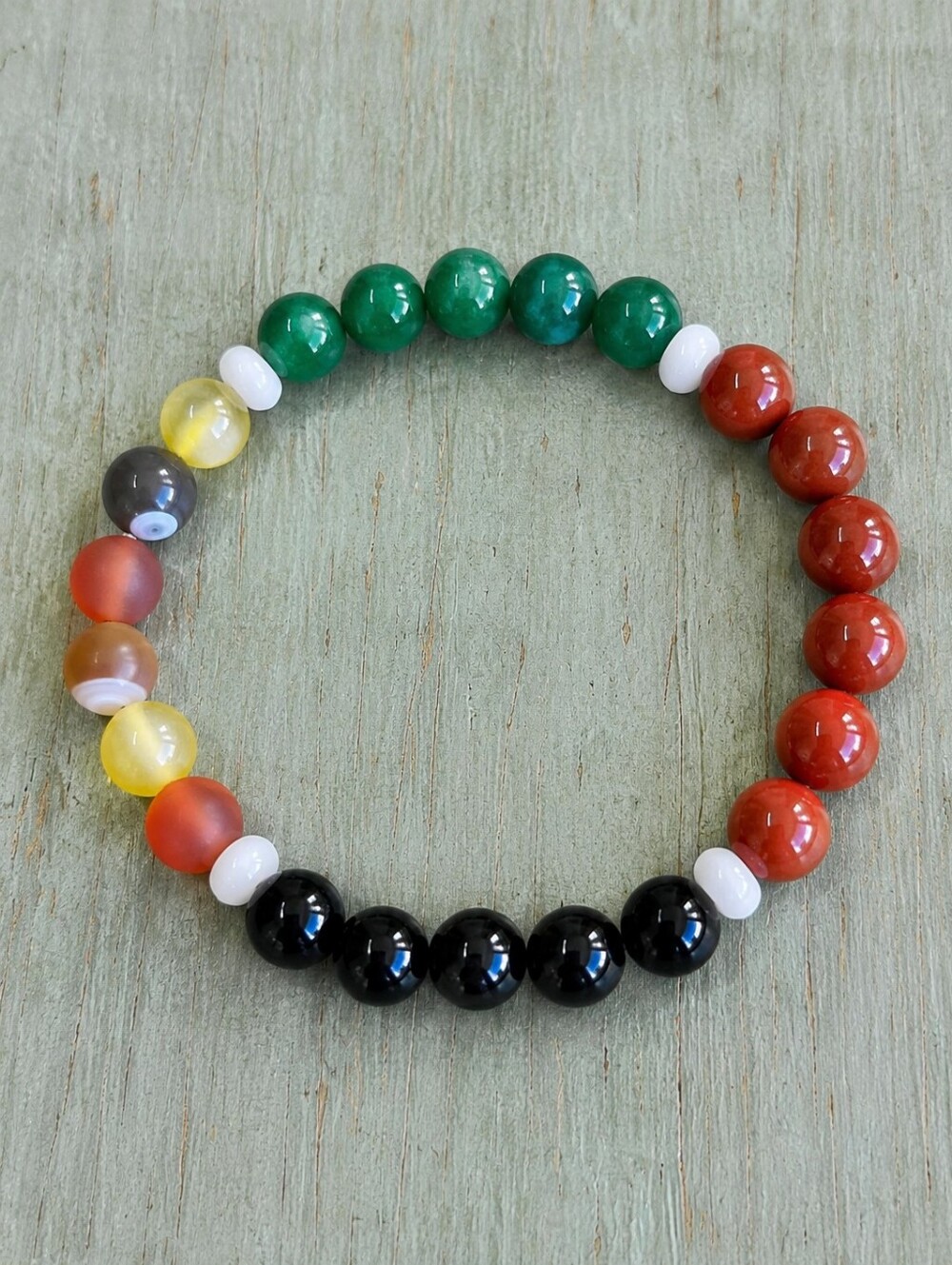 Green Jade, Black Onyx & Carnelian Beaded Stretch Bracelet | Handmade